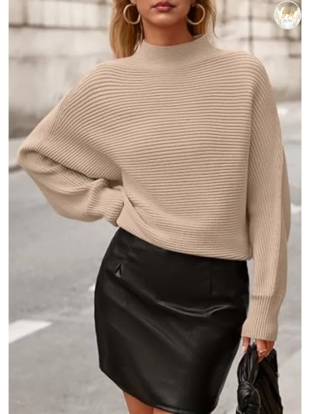 Womens Batwing Long Sleeve Sweater Mock Neck Ribbed Knit Cozy Pullover